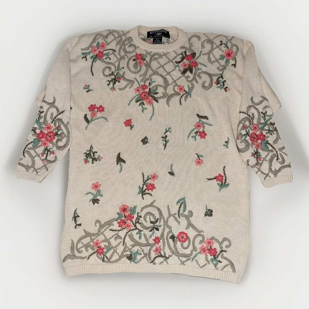 Vintage Kitty Hawk Sweater Cottage Core Embroidered Floral Pattern w Pearls Sz L